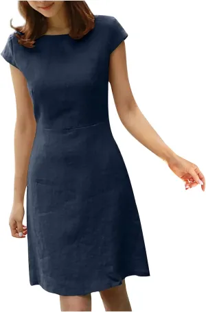 Womens Cotton and Linen Sundresses Casual Summer Beach Dress Vacation 2024 Crew Neck Short Sleeve T Shirt Dress