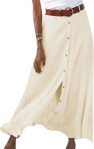 Womens Cotton Linen Skirts Button Down High Waist A Line Long Skirt Flowy Lightweight Slit Beach Maxi Skirt
