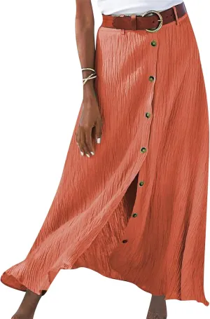 Womens Cotton Linen Skirts Button Down High Waist A Line Long Skirt Flowy Lightweight Slit Beach Maxi Skirt