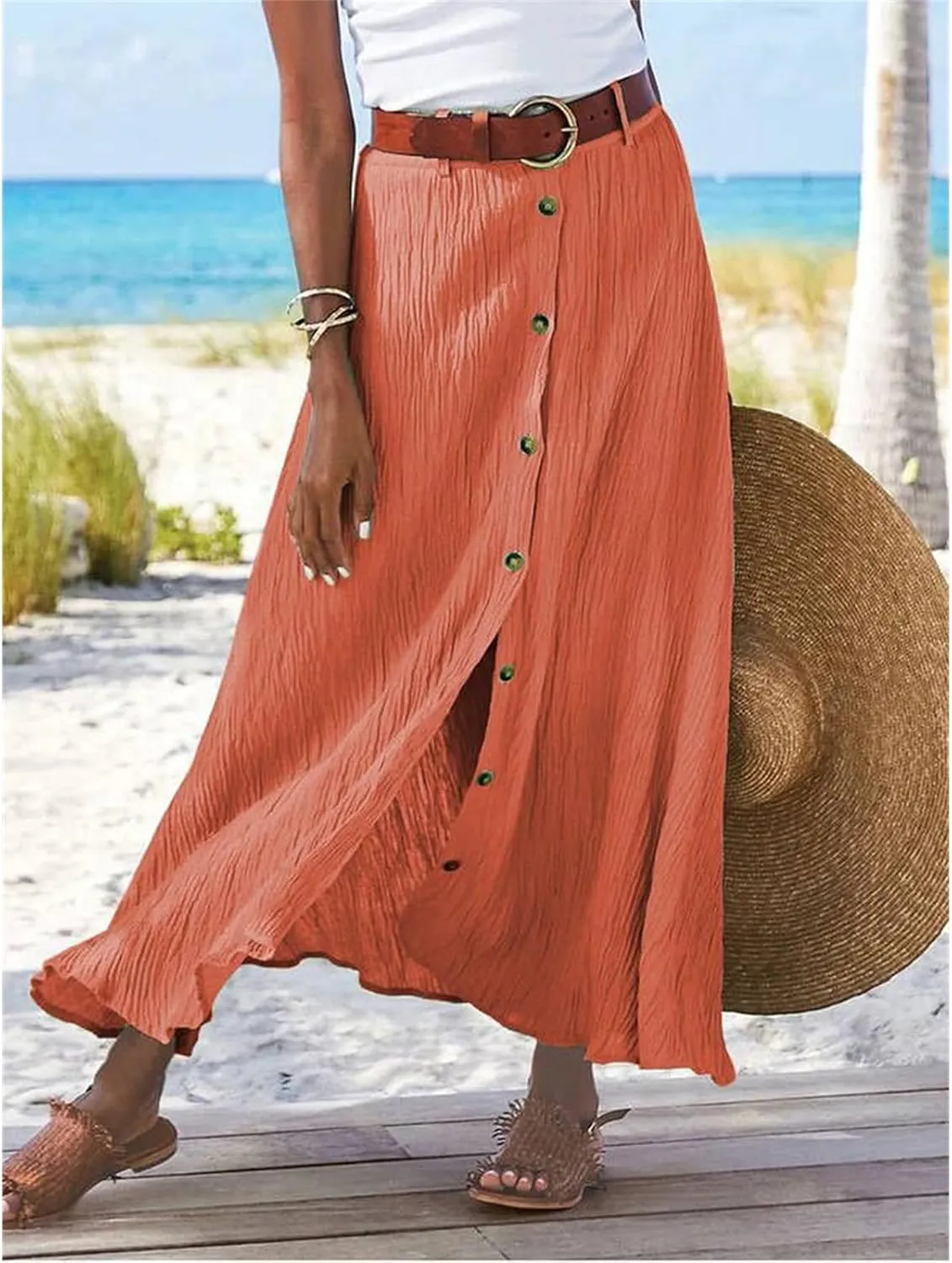 Womens Cotton Linen Skirts Button Down High Waist A Line Long Skirt Flowy Lightweight Slit Beach Maxi Skirt