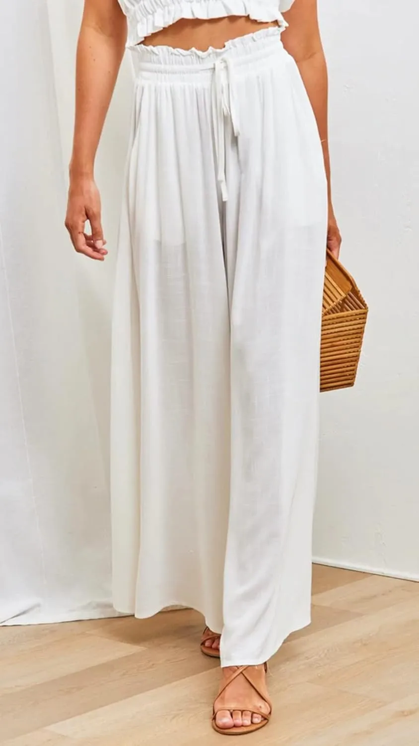 Womens Cotton Linen Wide Leg Pants Casual Elastic Belt High Waist Wide Leg Pants with Pockets Palazzo Lounge Pant