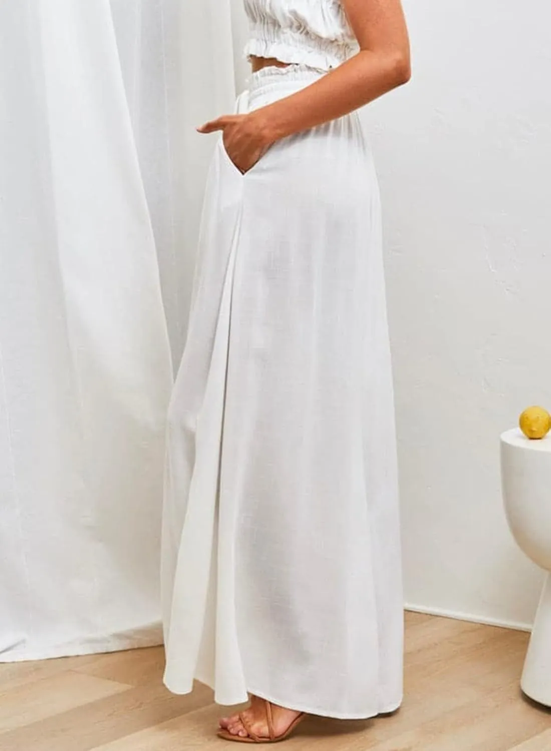 Womens Cotton Linen Wide Leg Pants Casual Elastic Belt High Waist Wide Leg Pants with Pockets Palazzo Lounge Pant