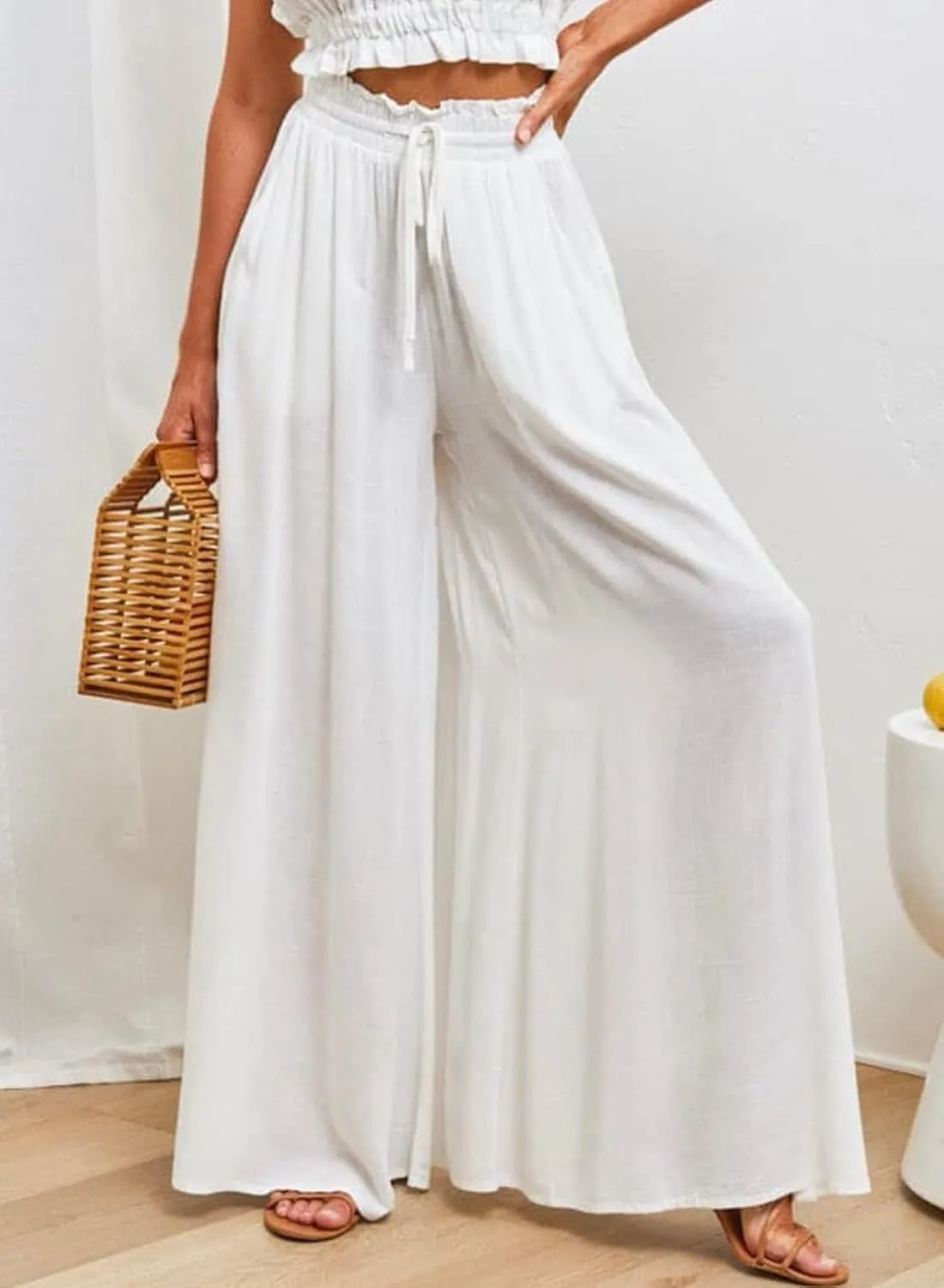 Womens Cotton Linen Wide Leg Pants Casual Elastic Belt High Waist Wide Leg Pants with Pockets Palazzo Lounge Pant