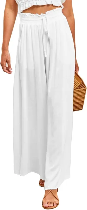 Womens Cotton Linen Wide Leg Pants Casual Elastic Belt High Waist Wide Leg Pants with Pockets Palazzo Lounge Pant