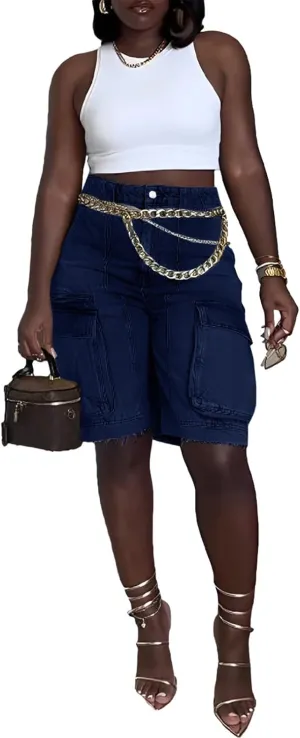 Womens Denim Shorts High Waisted Straight Leg Casual Cargo Jean Shorts with Pockets