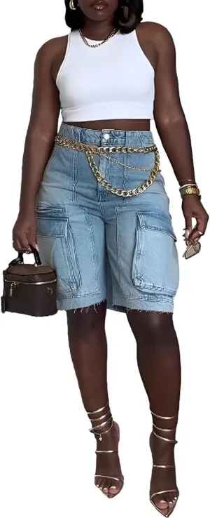 Womens Denim Shorts High Waisted Straight Leg Casual Cargo Jean Shorts with Pockets