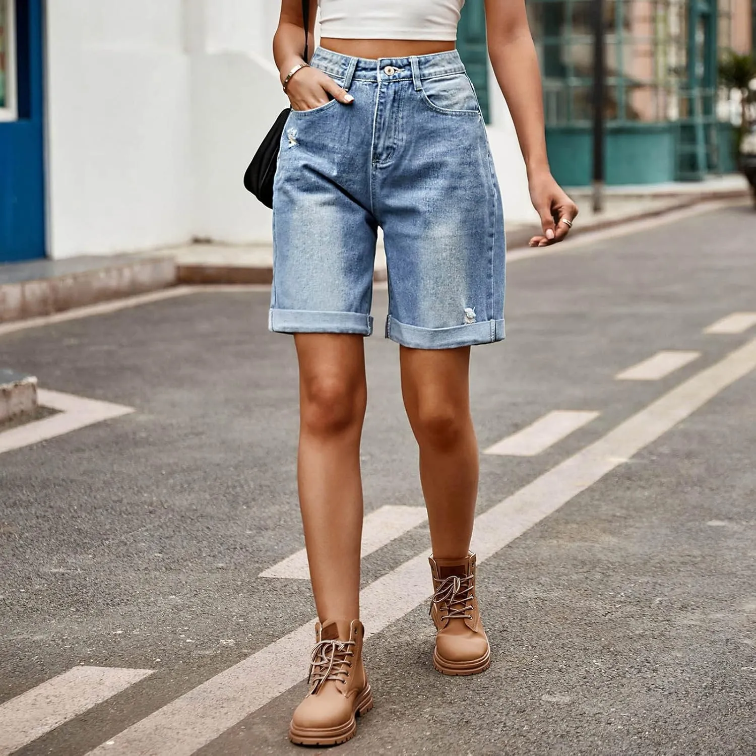 Womens Distressed Denim Shorts High Waisted Ripped Jean Shorts Straight Leg Summer Casual Bermuda Short Half Pants
