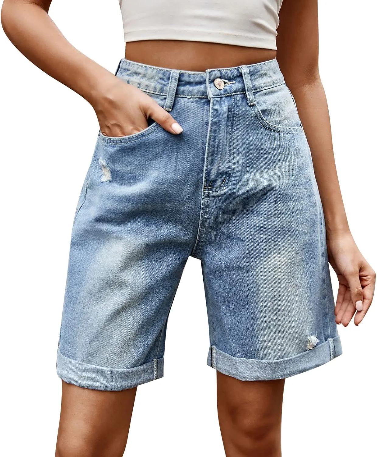 Womens Distressed Denim Shorts High Waisted Ripped Jean Shorts Straight Leg Summer Casual Bermuda Short Half Pants