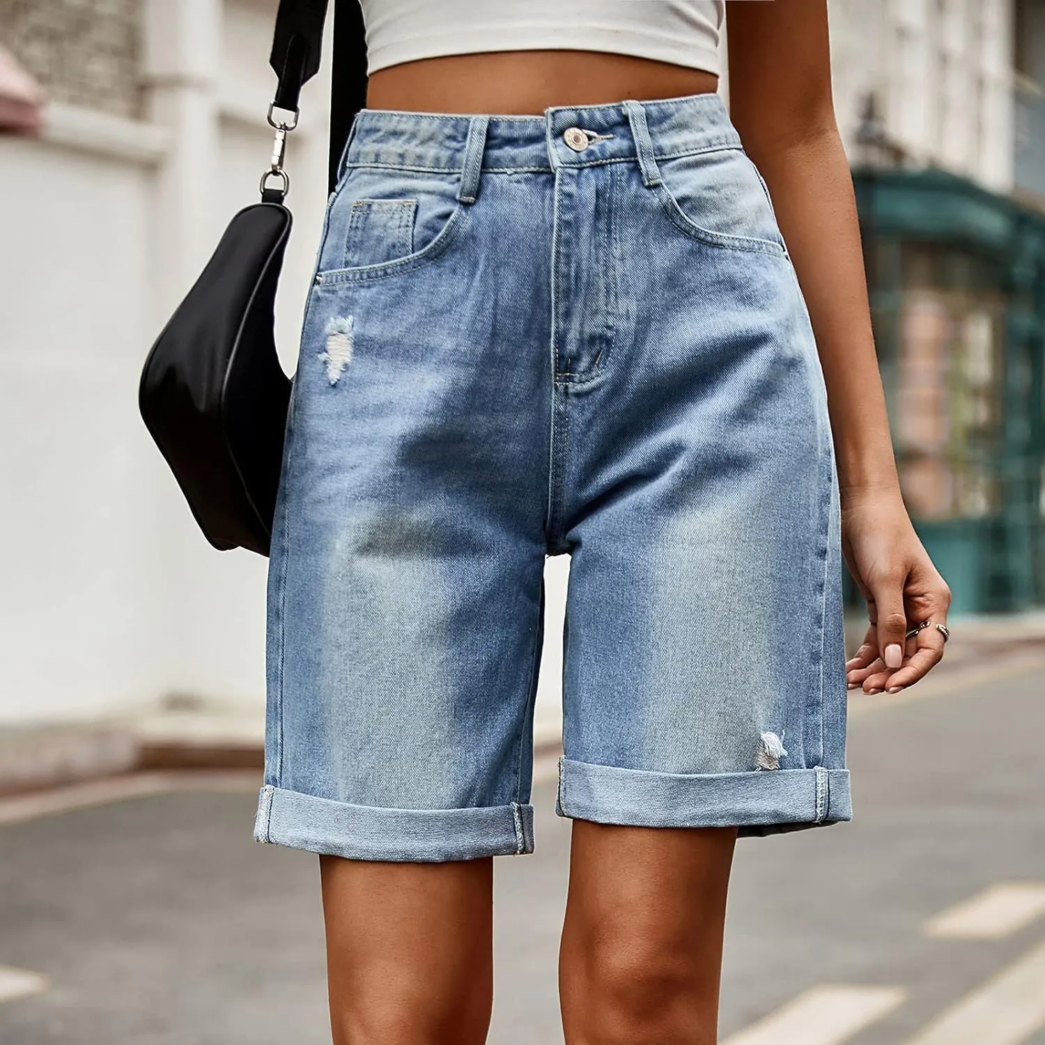 Womens Distressed Denim Shorts High Waisted Ripped Jean Shorts Straight Leg Summer Casual Bermuda Short Half Pants