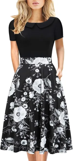 Women's Elegant Vintage Cotton Casual Floral Print Work Party Peter Pan Collar A-Line Dress with Pockets 978