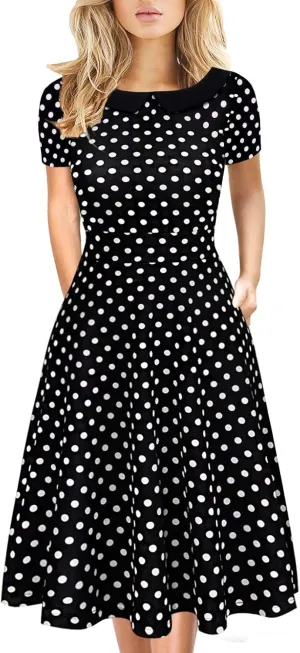 Women's Elegant Vintage Cotton Casual Floral Print Work Party Peter Pan Collar A-Line Dress with Pockets 978