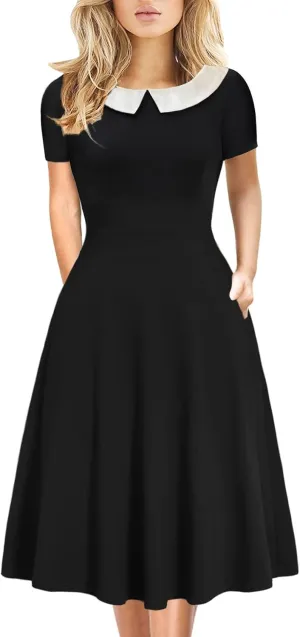 Women's Elegant Vintage Cotton Casual Floral Print Work Party Peter Pan Collar A-Line Dress with Pockets 978