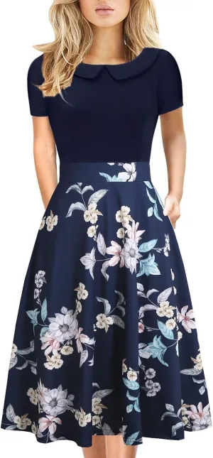 Women's Elegant Vintage Cotton Casual Floral Print Work Party Peter Pan Collar A-Line Dress with Pockets 978