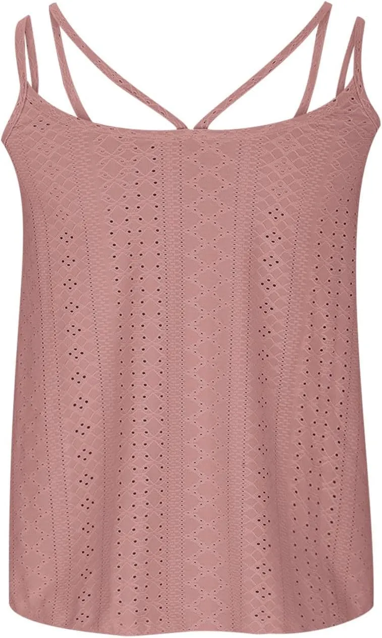 Womens Fashion Tank Tops Eyelet Embroidery Sleeveless T Shirt Spaghetti Strap Scoop Neck Cami Shirts Loose Casual Tops