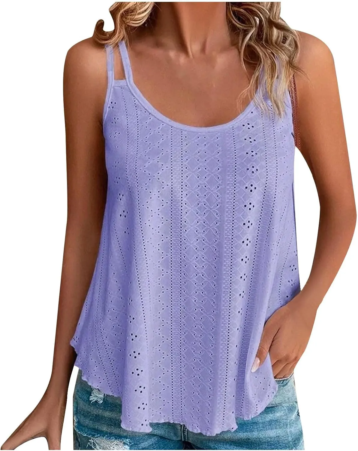 Womens Fashion Tank Tops Eyelet Embroidery Sleeveless T Shirt Spaghetti Strap Scoop Neck Cami Shirts Loose Casual Tops