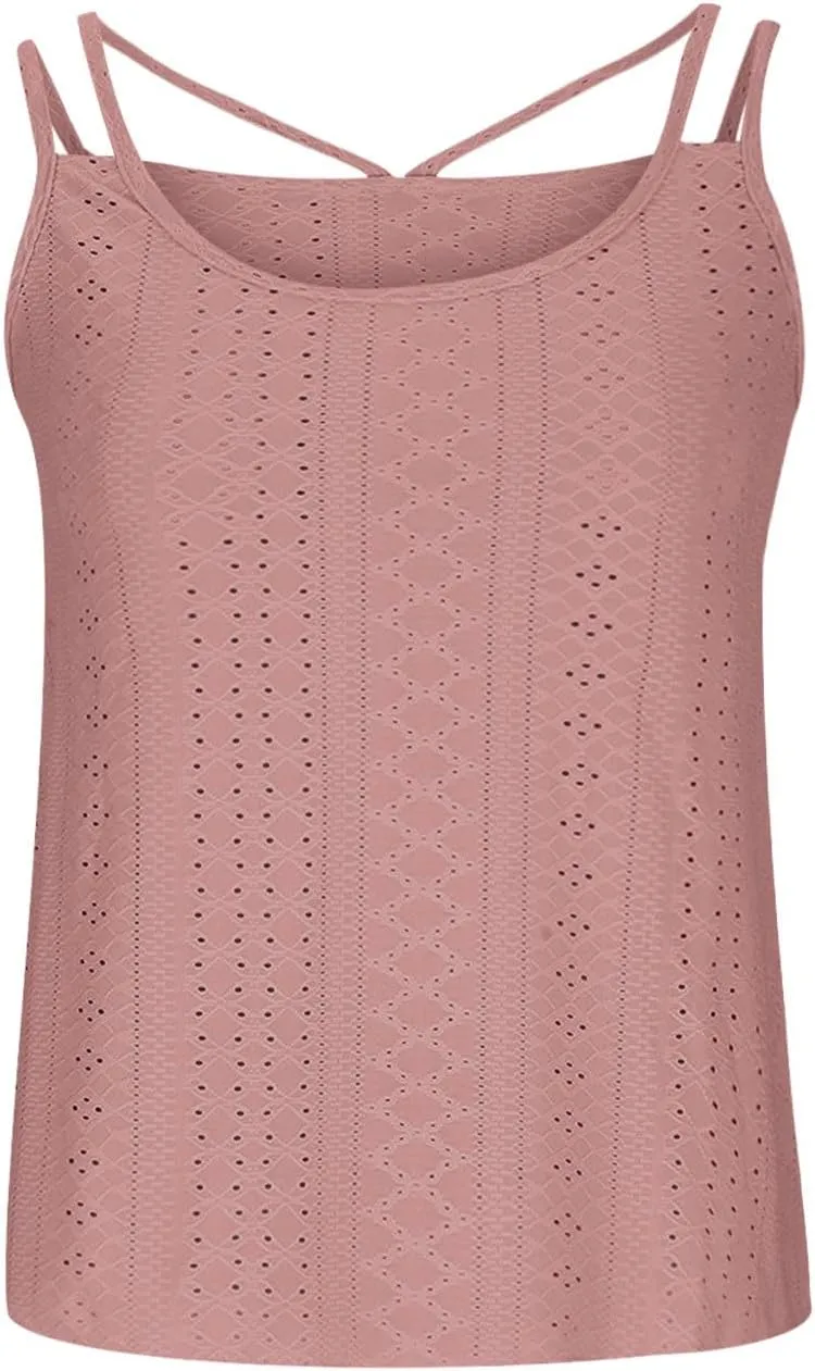 Womens Fashion Tank Tops Eyelet Embroidery Sleeveless T Shirt Spaghetti Strap Scoop Neck Cami Shirts Loose Casual Tops