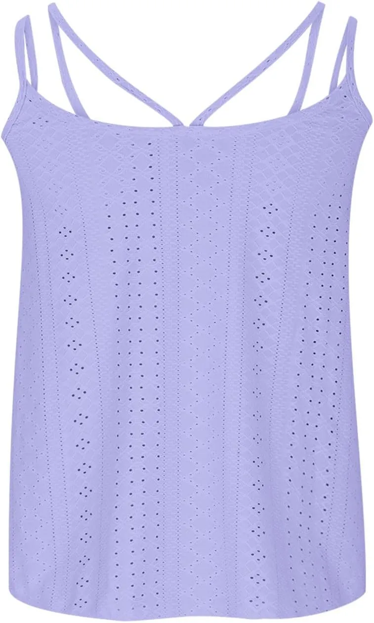 Womens Fashion Tank Tops Eyelet Embroidery Sleeveless T Shirt Spaghetti Strap Scoop Neck Cami Shirts Loose Casual Tops