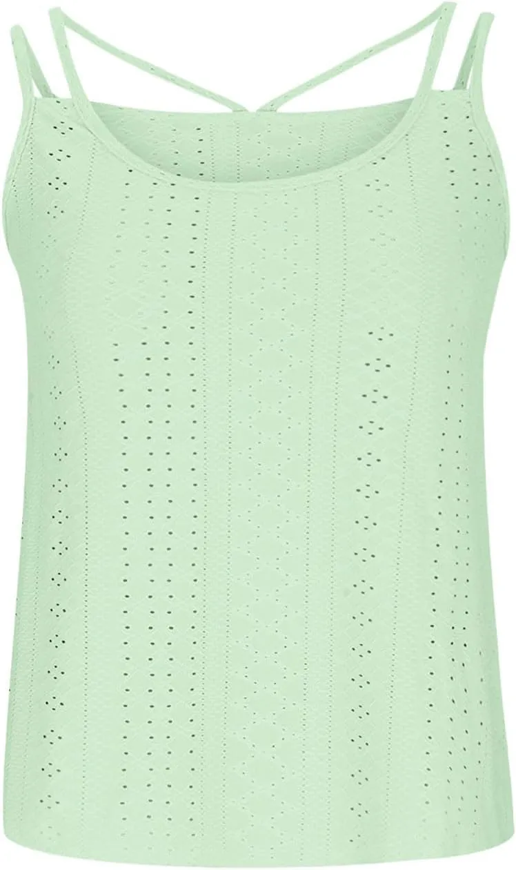 Womens Fashion Tank Tops Eyelet Embroidery Sleeveless T Shirt Spaghetti Strap Scoop Neck Cami Shirts Loose Casual Tops