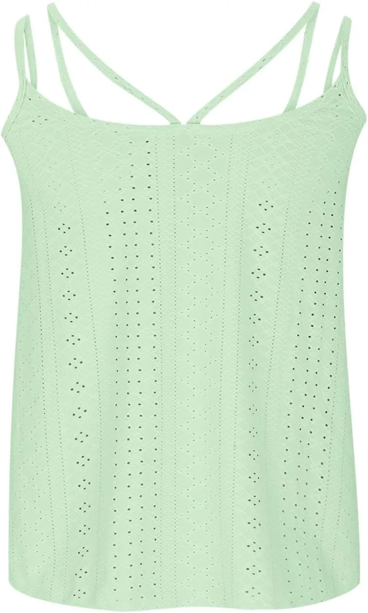 Womens Fashion Tank Tops Eyelet Embroidery Sleeveless T Shirt Spaghetti Strap Scoop Neck Cami Shirts Loose Casual Tops