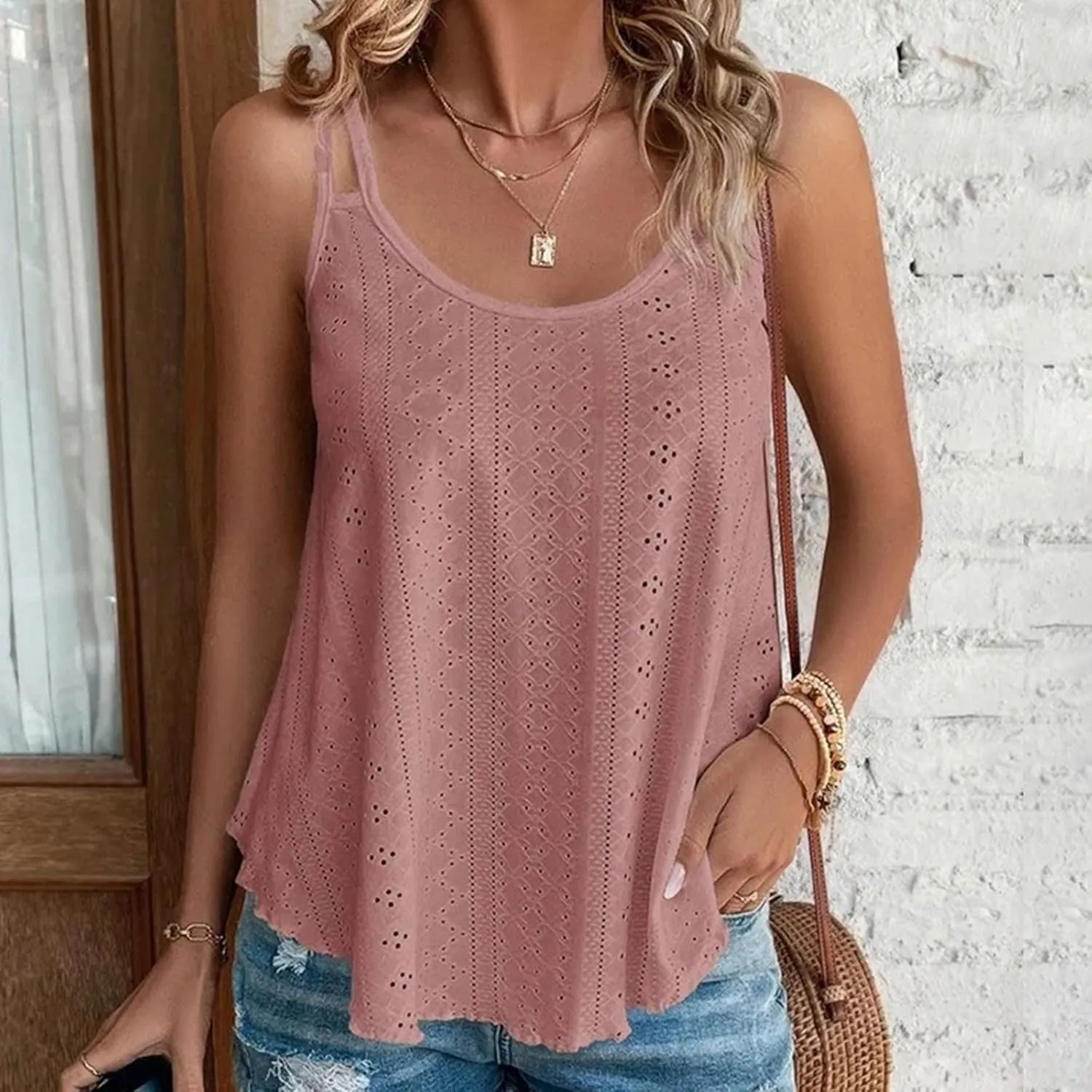 Womens Fashion Tank Tops Eyelet Embroidery Sleeveless T Shirt Spaghetti Strap Scoop Neck Cami Shirts Loose Casual Tops
