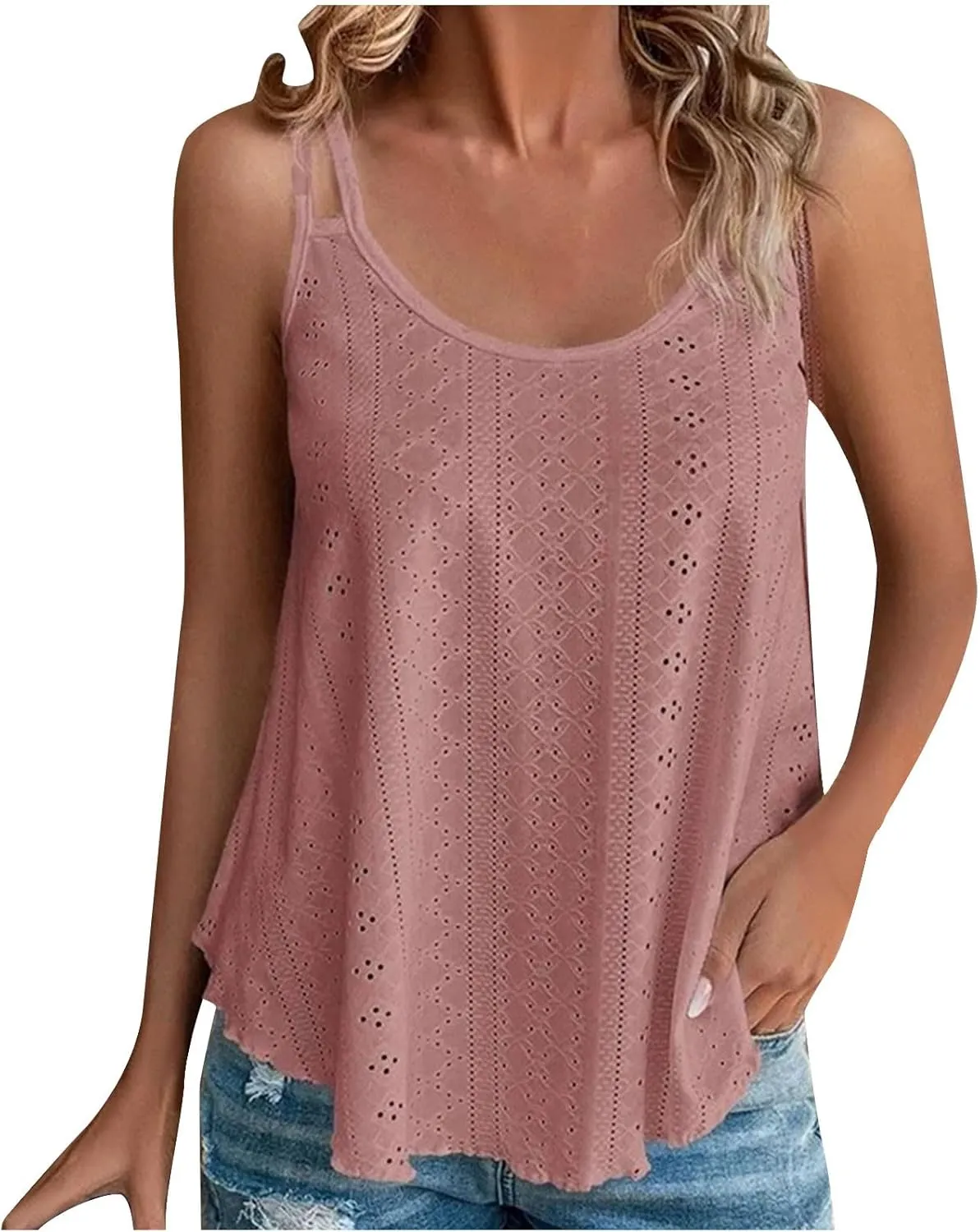 Womens Fashion Tank Tops Eyelet Embroidery Sleeveless T Shirt Spaghetti Strap Scoop Neck Cami Shirts Loose Casual Tops