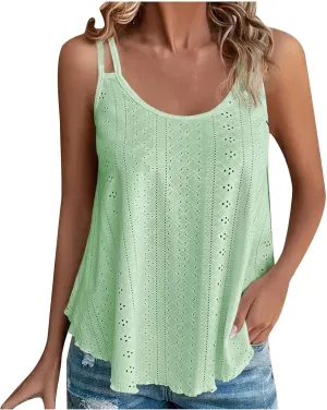 Womens Fashion Tank Tops Eyelet Embroidery Sleeveless T Shirt Spaghetti Strap Scoop Neck Cami Shirts Loose Casual Tops