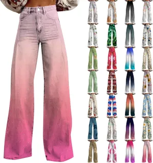 Women's Flare Jeans Wide Leg Baggy Pant 2025 Vintage Floral Print High Waisted Straight Stretch Pants with Pockets