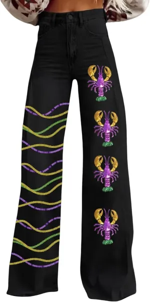 Women's Flare Jeans Wide Leg Baggy Pant Vintage Floral Printed High Waisted Straight Stretch Pants with Pockets