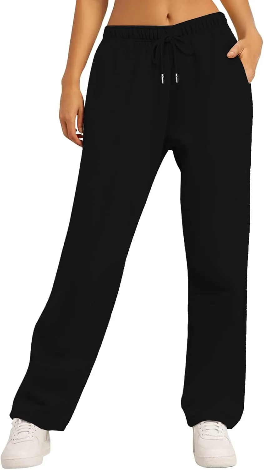 Womens Fleece Lined Sweatpants Wide Straight Leg Pants Bottom Joggers Pants Workout High Waist Yoga Pants with Pockets