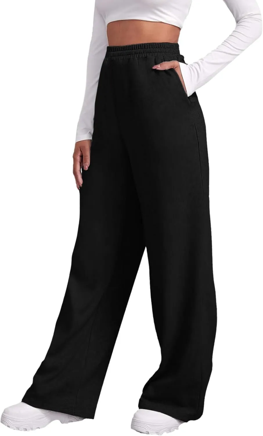 Womens Fleece Lined Sweatpants Wide Straight Leg Pants Bottom Joggers Pants Workout High Waist Yoga Pants with Pockets