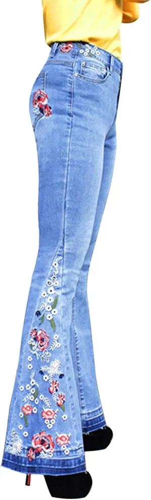 Womens Floral Embroidered High Waisted Flare Bell Bottom Jeans 70s Outfits Bootcut Jeans Wide Leg Long Denim Pants