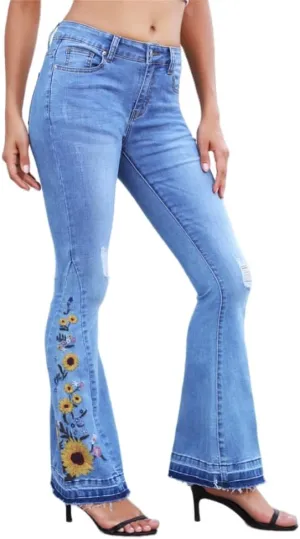 Womens Floral Embroidered High Waisted Flare Bell Bottom Jeans 70s Outfits Bootcut Jeans Wide Leg Long Denim Pants