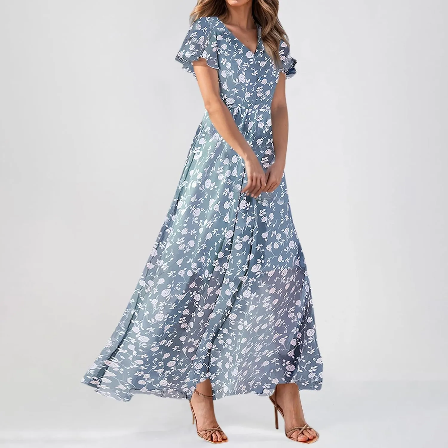 Women's Floral Print V Neck Ruffle Cap Sleeve Ruffle Hem Flowy Dress Boho High Waist Dresses for Women 2025