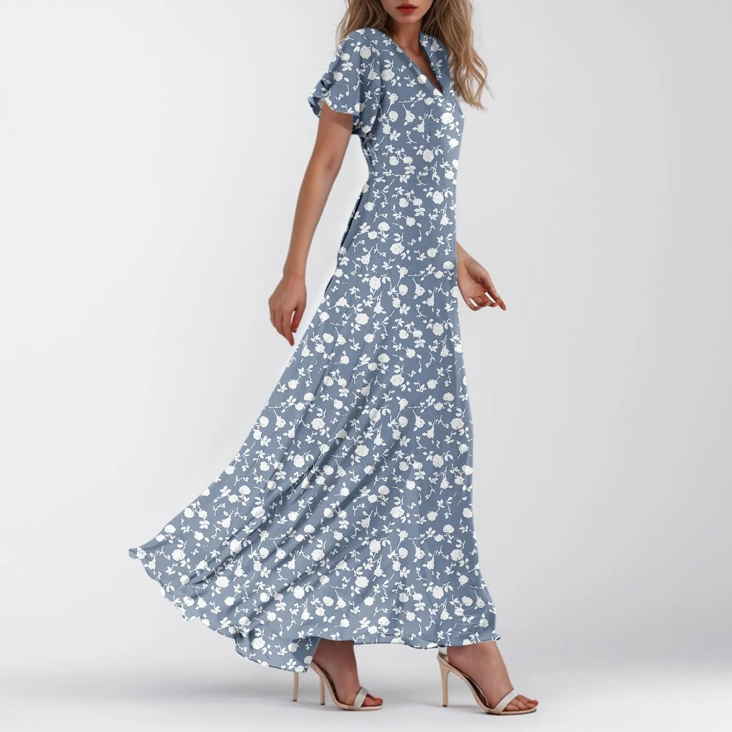 Women's Floral Print V Neck Ruffle Cap Sleeve Ruffle Hem Flowy Dress Boho High Waist Dresses for Women 2025
