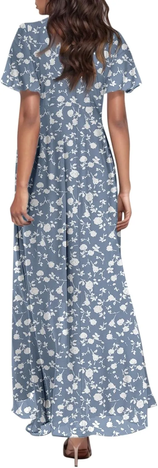 Women's Floral Print V Neck Ruffle Cap Sleeve Ruffle Hem Flowy Dress Boho High Waist Dresses for Women 2025