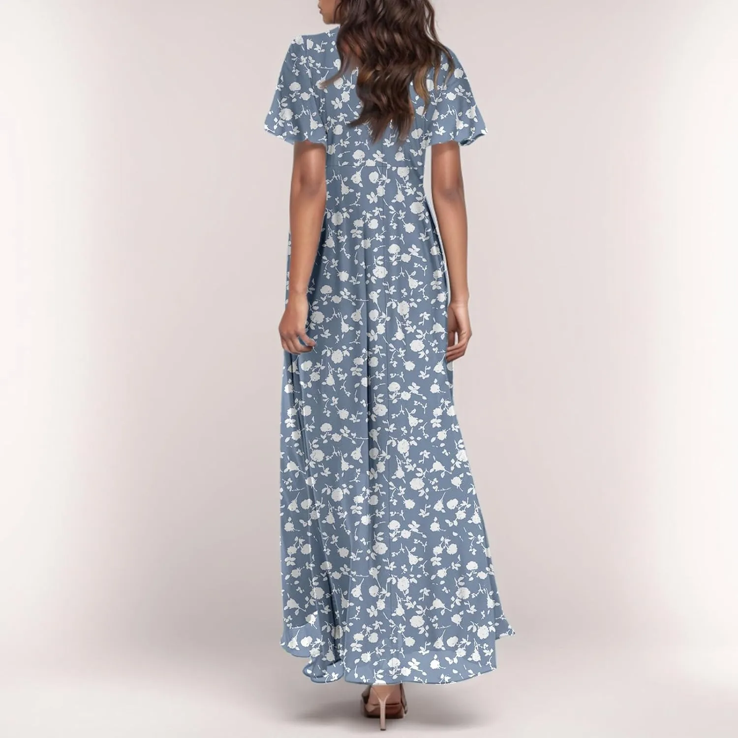 Women's Floral Print V Neck Ruffle Cap Sleeve Ruffle Hem Flowy Dress Boho High Waist Dresses for Women 2025