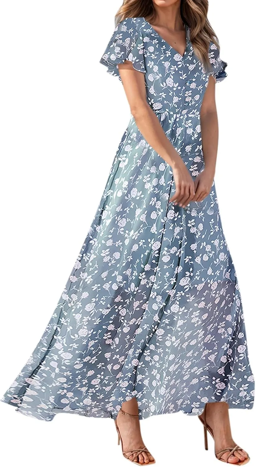 Women's Floral Print V Neck Ruffle Cap Sleeve Ruffle Hem Flowy Dress Boho High Waist Dresses for Women 2025