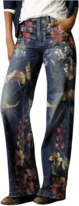 Women's Flower Printed Jeans Stretchy High Waisted Trouser Baggy Straight Wide Leg Casual Imitation Denim Pants