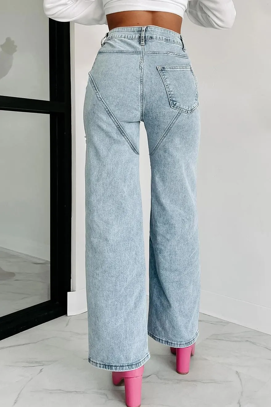 Women's High Waisted Beaded Cutout Straight Leg Jeans