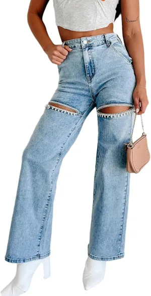 Women's High Waisted Beaded Cutout Straight Leg Jeans