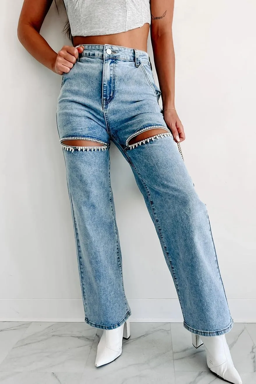 Women's High Waisted Beaded Cutout Straight Leg Jeans