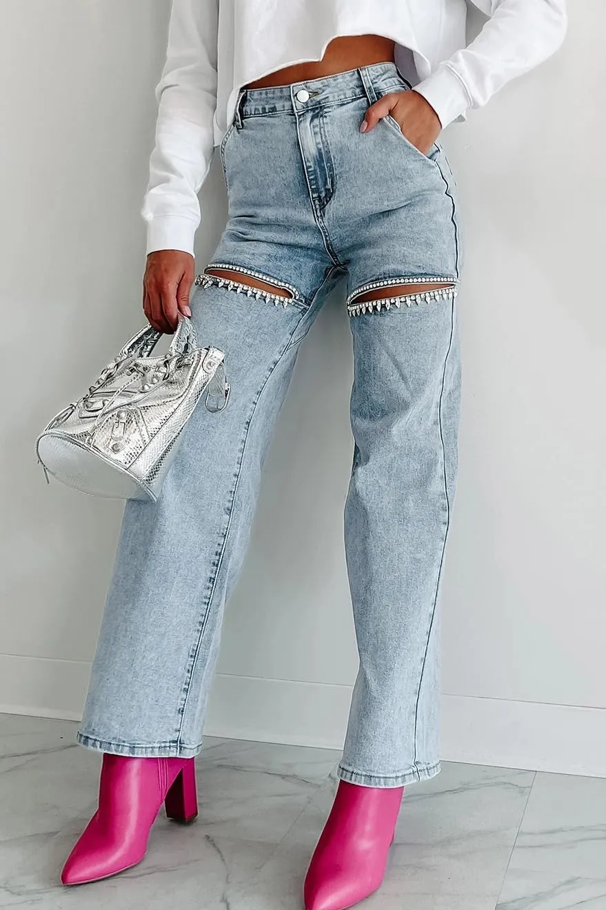 Women's High Waisted Beaded Cutout Straight Leg Jeans