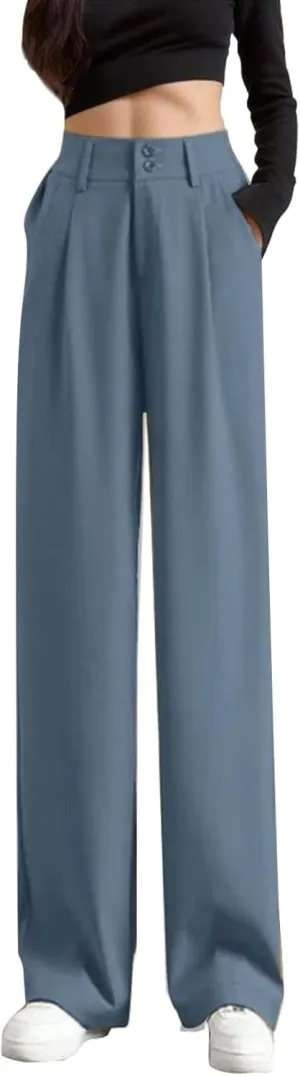 Women's High Waisted Pants Casual Wide Leg Straight Pants Button Business Office Trousers with Pockets