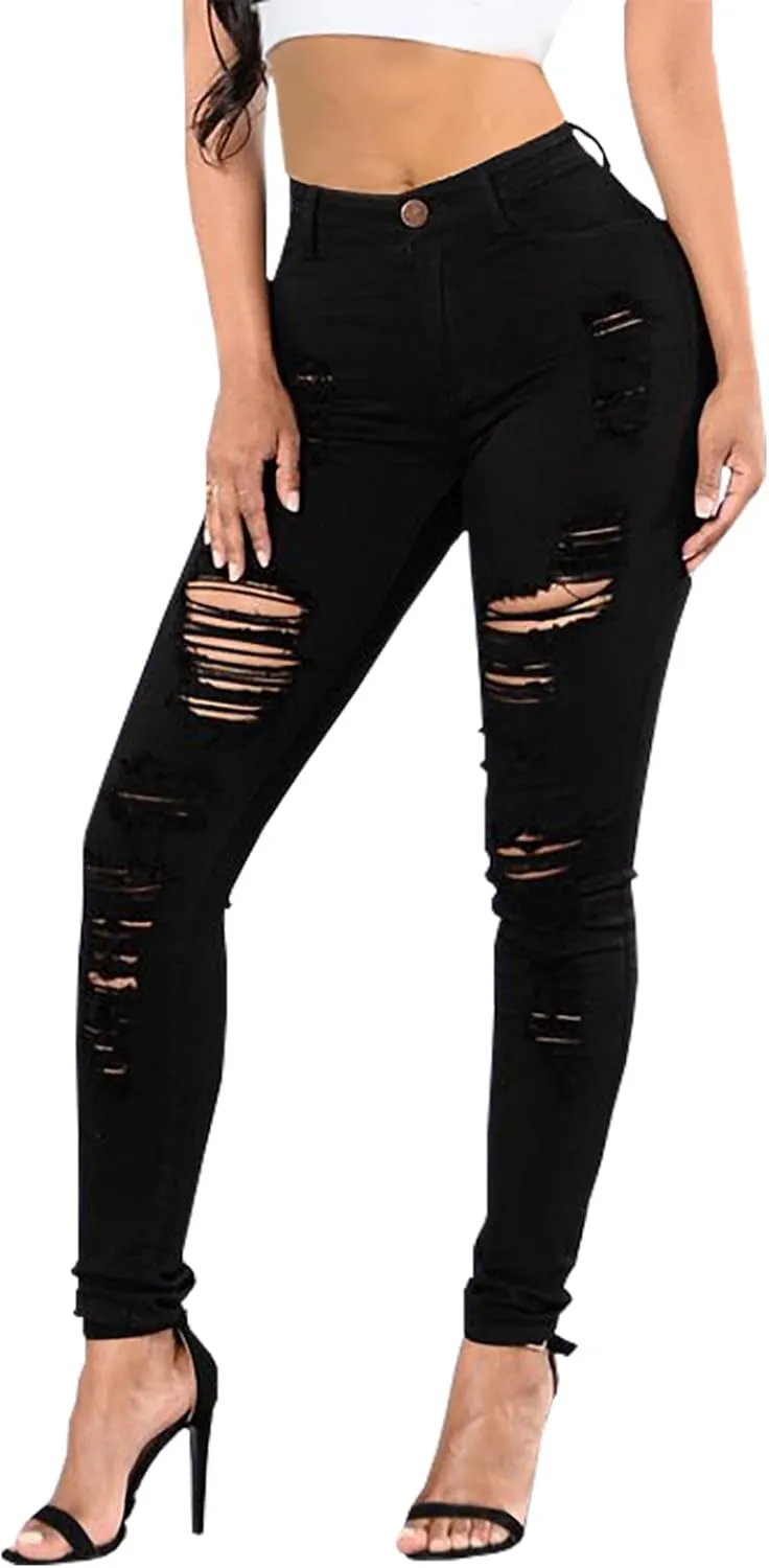 Women's High Waisted Ripped Jeans Slim Fit Distressed Skinny Jeans Stretch Butt Lifting Denim Pants