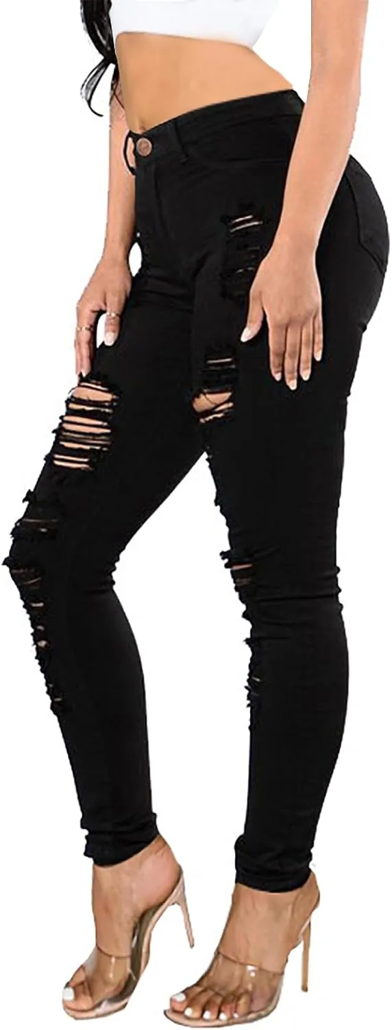 Women's High Waisted Ripped Jeans Slim Fit Distressed Skinny Jeans Stretch Butt Lifting Denim Pants
