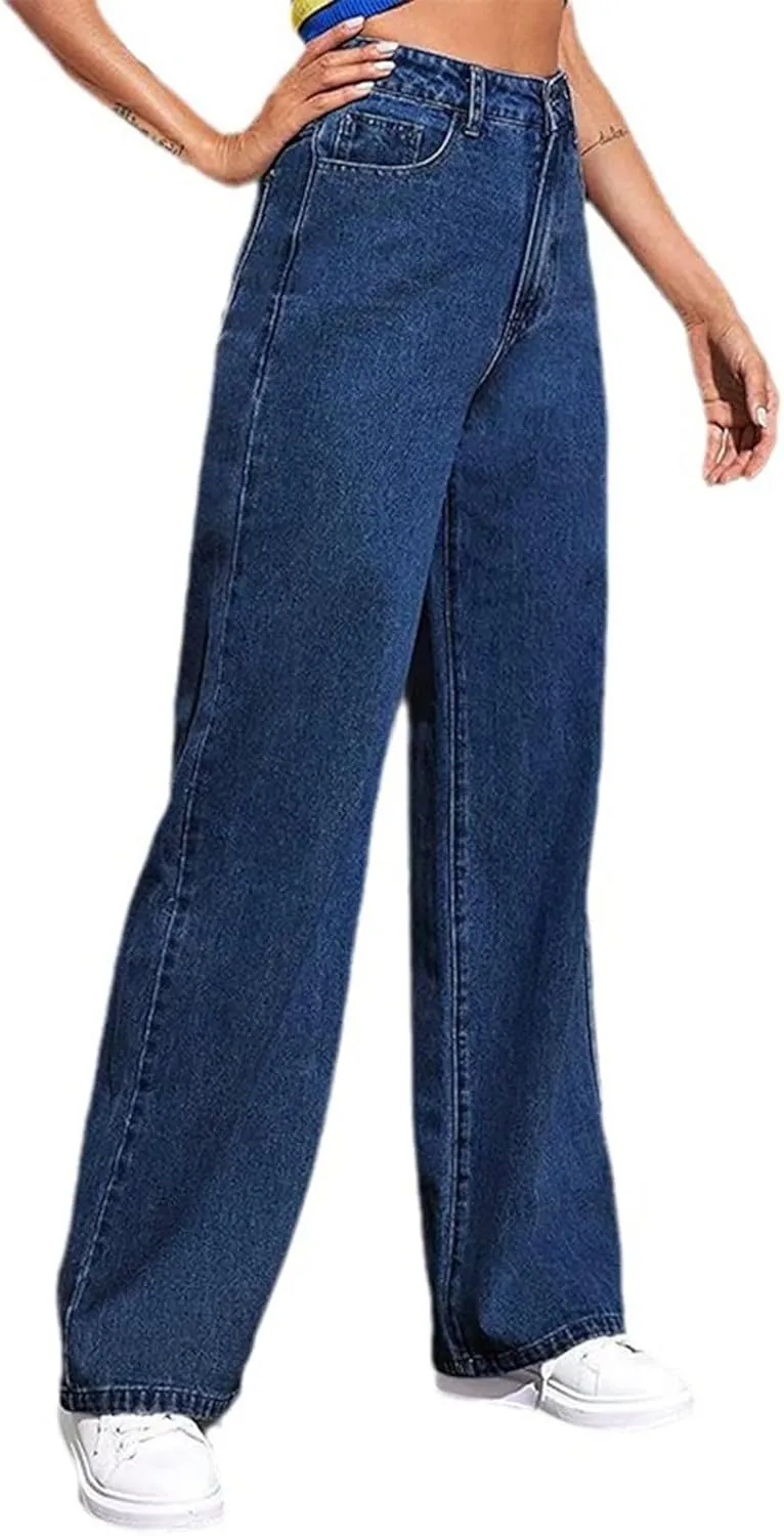 Womens Jeans High Waist Elastic Baggy Wide Leg Pants Vintage Loose Fit Pants with Pockets