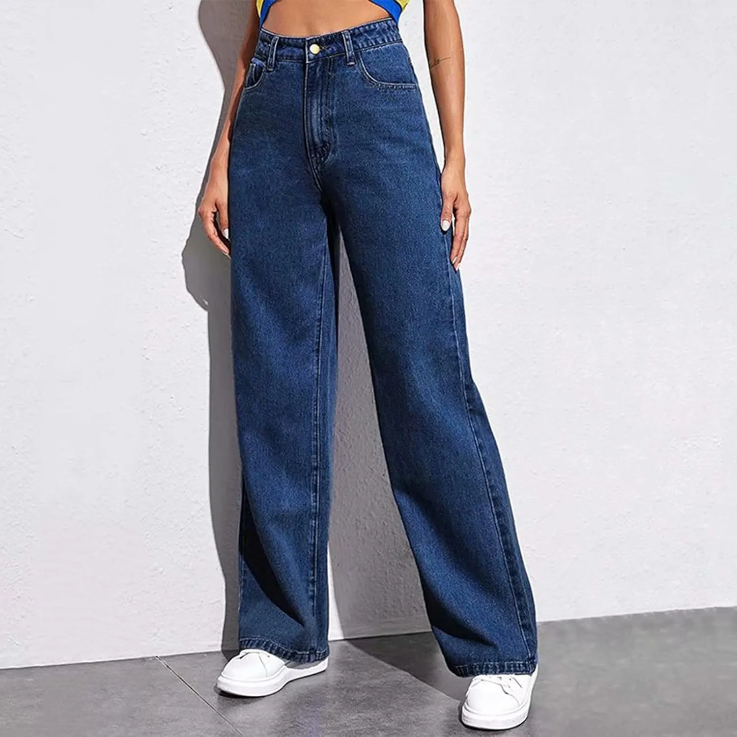 Womens Jeans High Waist Elastic Baggy Wide Leg Pants Vintage Loose Fit Pants with Pockets