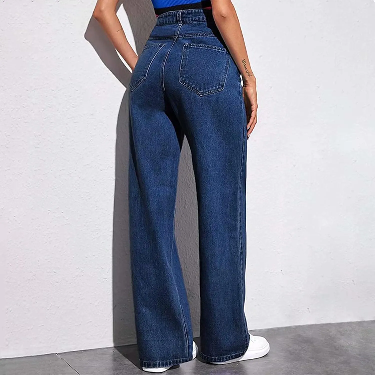 Womens Jeans High Waist Elastic Baggy Wide Leg Pants Vintage Loose Fit Pants with Pockets