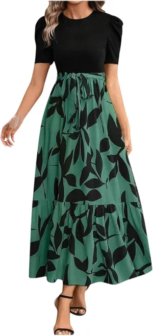 Womens Maxi Floral Dresses 2025 Elegant Boho Patchwork Empire Waist Tie Belted Short Sleeve Wedding Guest Long Dress