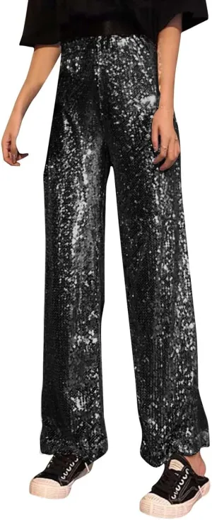Women's Metallic Glitter Flowy A Line Design Fashion Casual Pants High Waisted Baggy Wide Leg Straight Trousers